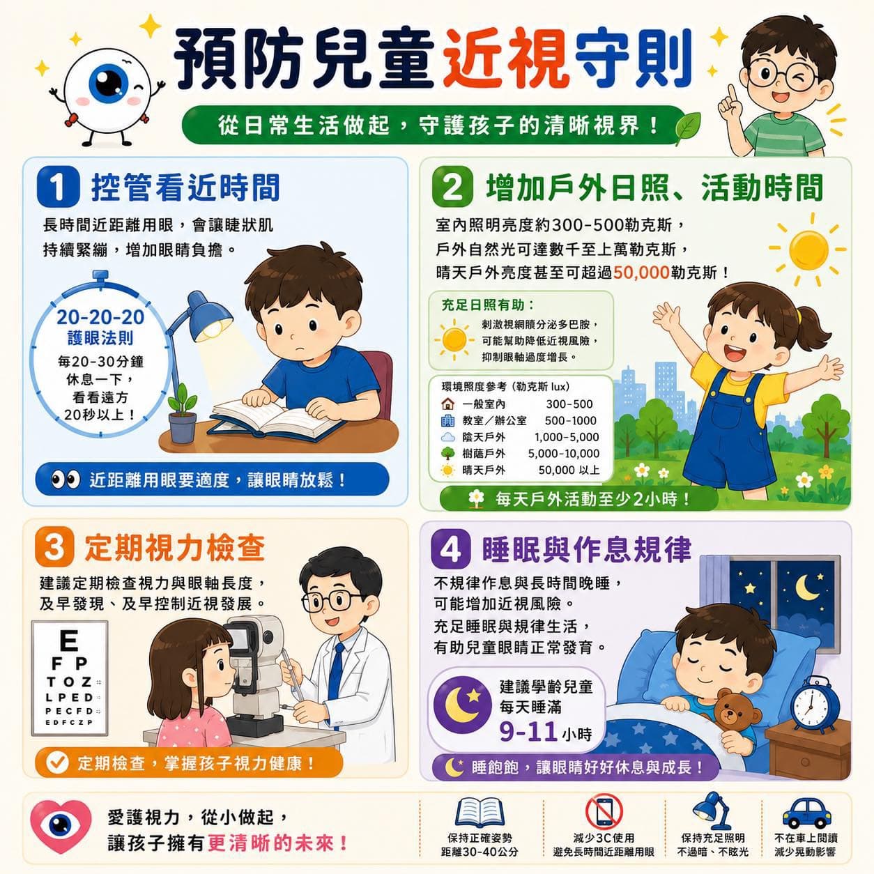預防兒童近視守則,包含控管看近時間、增加戶外日照、定期視力檢查與規律睡眠