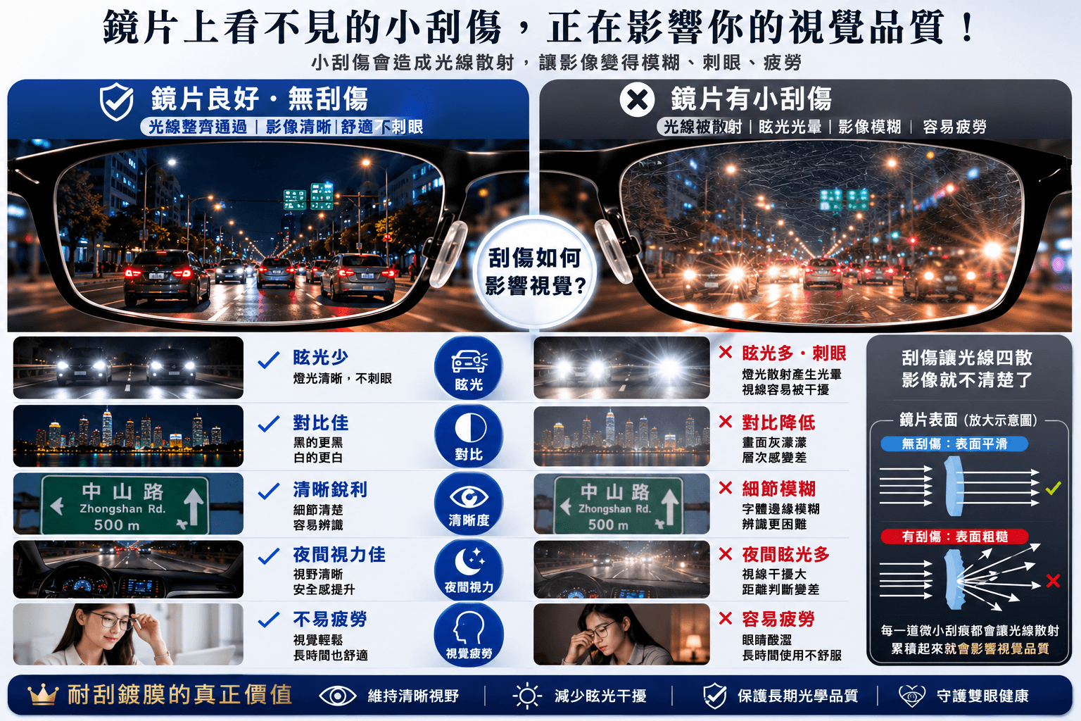 鏡片有小刮傷與無刮傷在夜間駕駛視覺品質上的比較