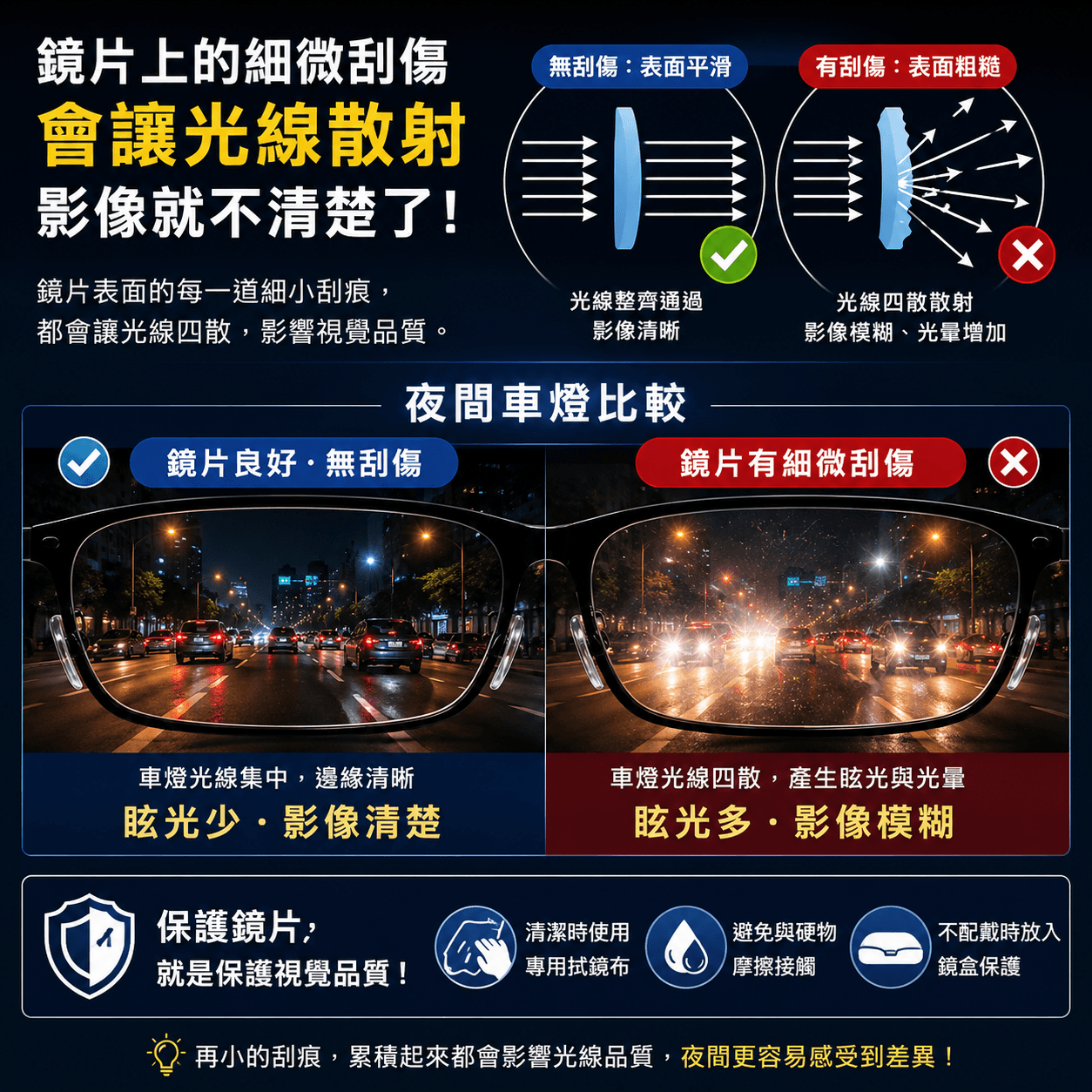 鏡片細微刮傷會讓光線散射,造成影像不清楚與夜間眩光的說明圖